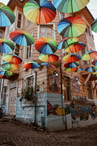street with umbrellas